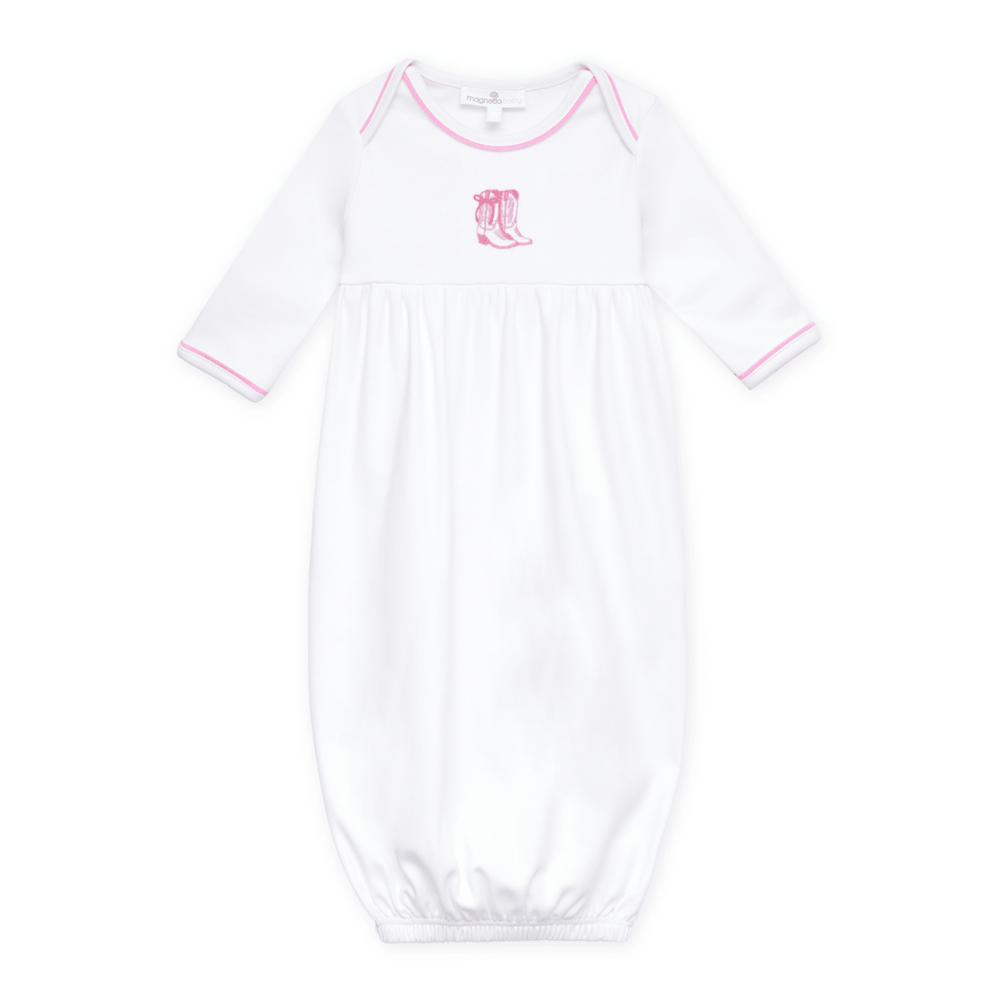 Darling Cowboy Boots Hand-Embroidered Gathered Gown - Pink - Magnolia BabyGown