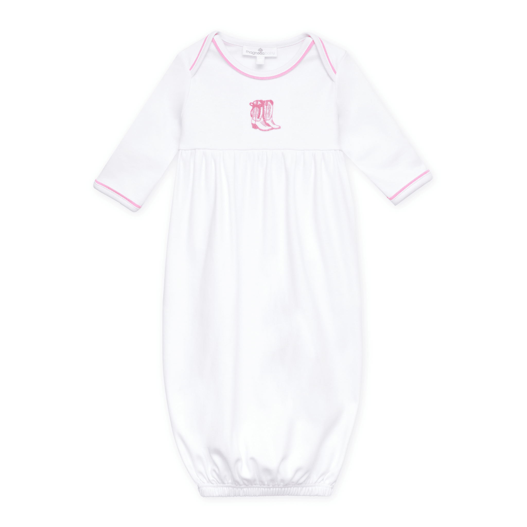 Darling Cowboy Boots Hand-Embroidered Gathered Gown - Pink - Magnolia BabyGown