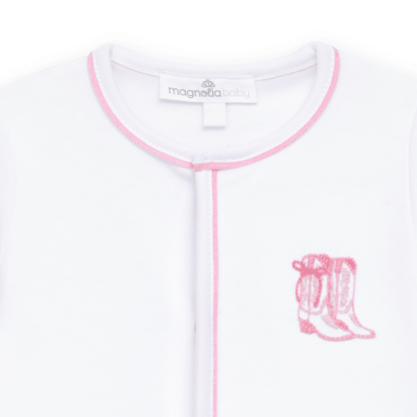 Darling Cowboy Boots Hand-Embroidered Ruffle Footie - Pink - Magnolia BabyFootie
