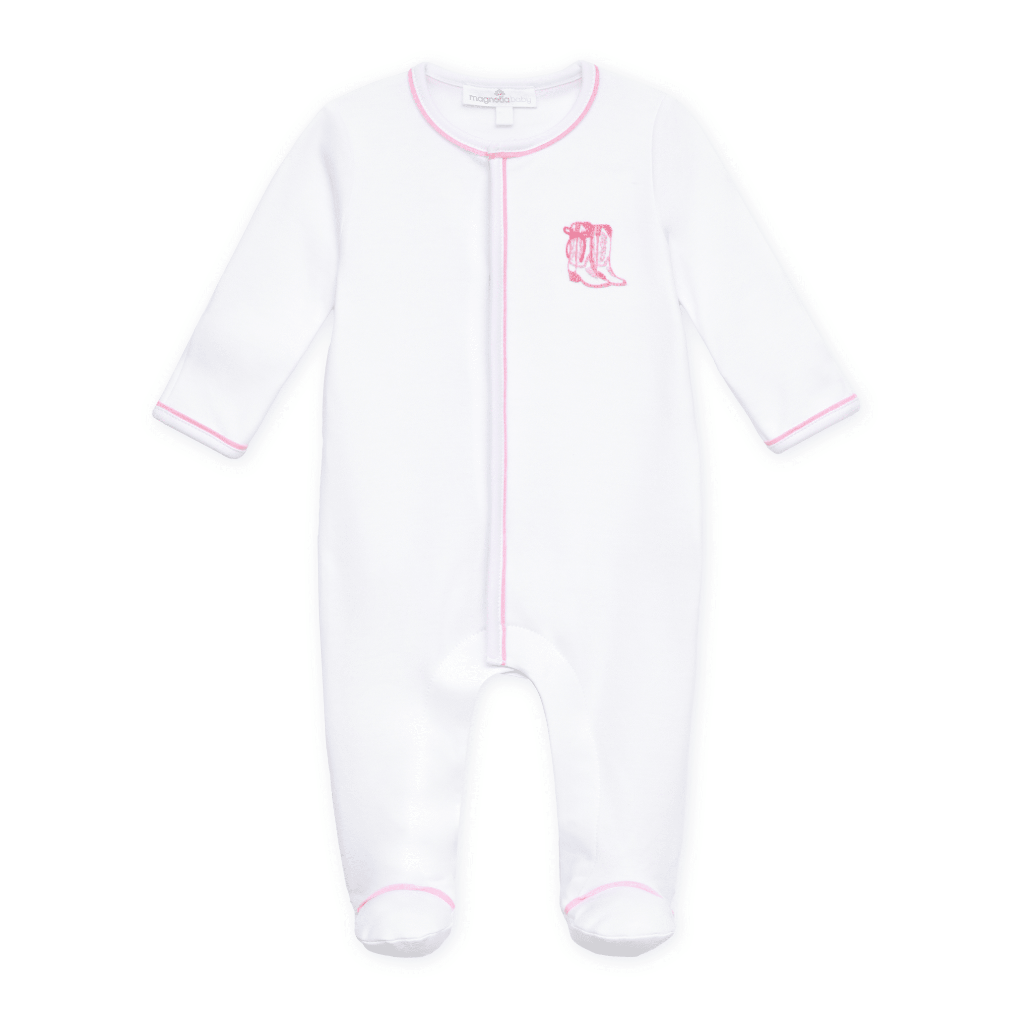 Darling Cowboy Boots Hand-Embroidered Ruffle Footie - Pink - Magnolia BabyFootie