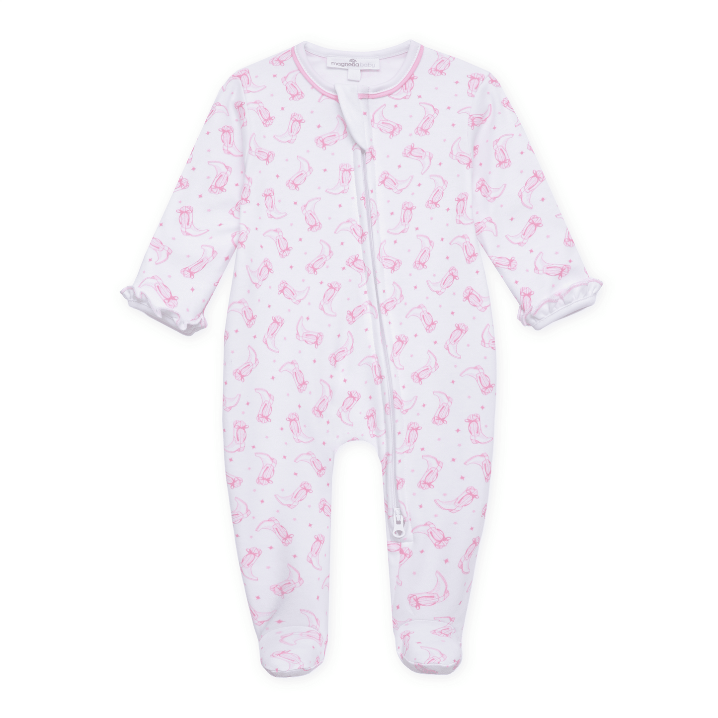 Darling Cowboy Boots Print Ruffle Zip Footie - Pink - Magnolia BabyFootie