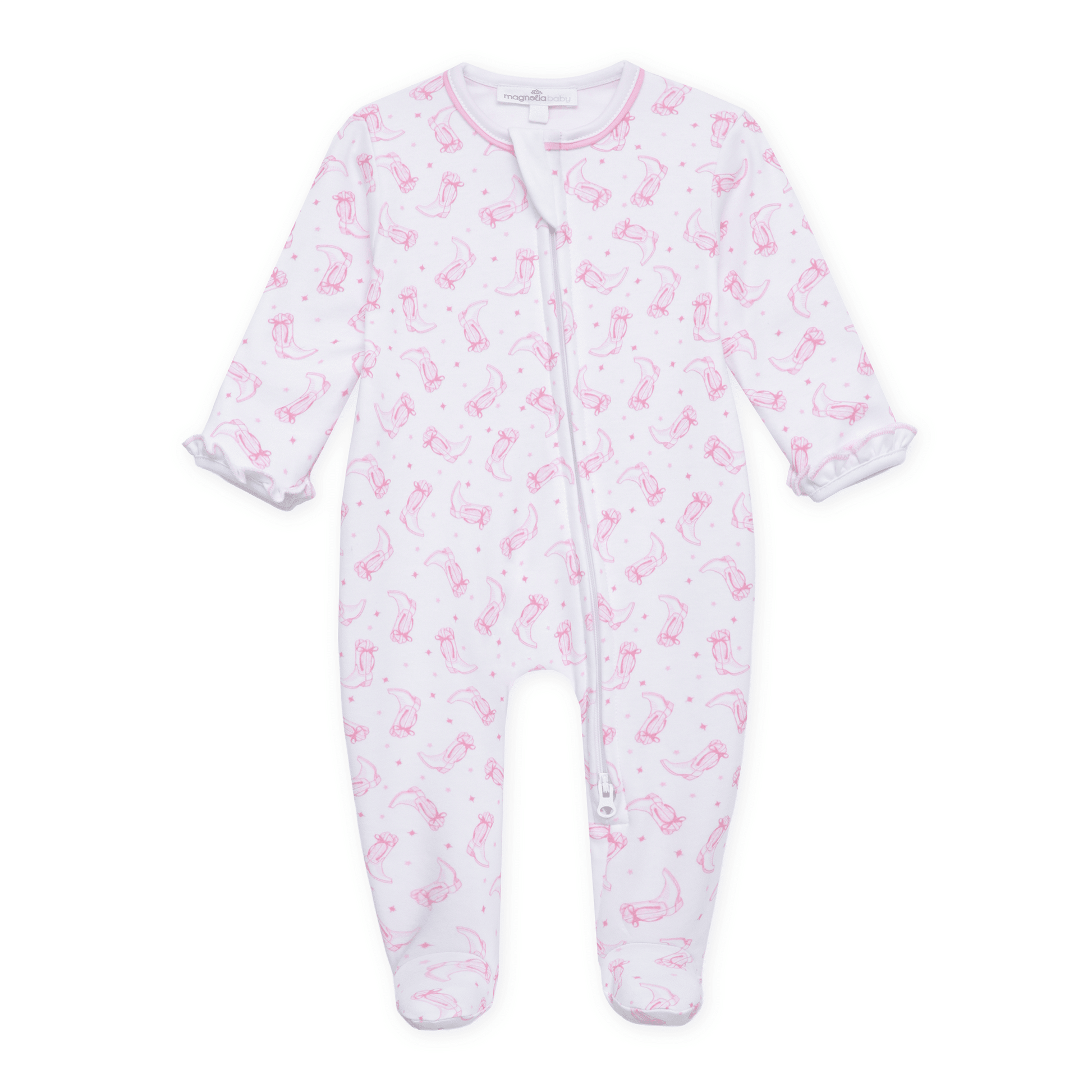 Darling Cowboy Boots Print Ruffle Zip Footie - Pink - Magnolia BabyFootie