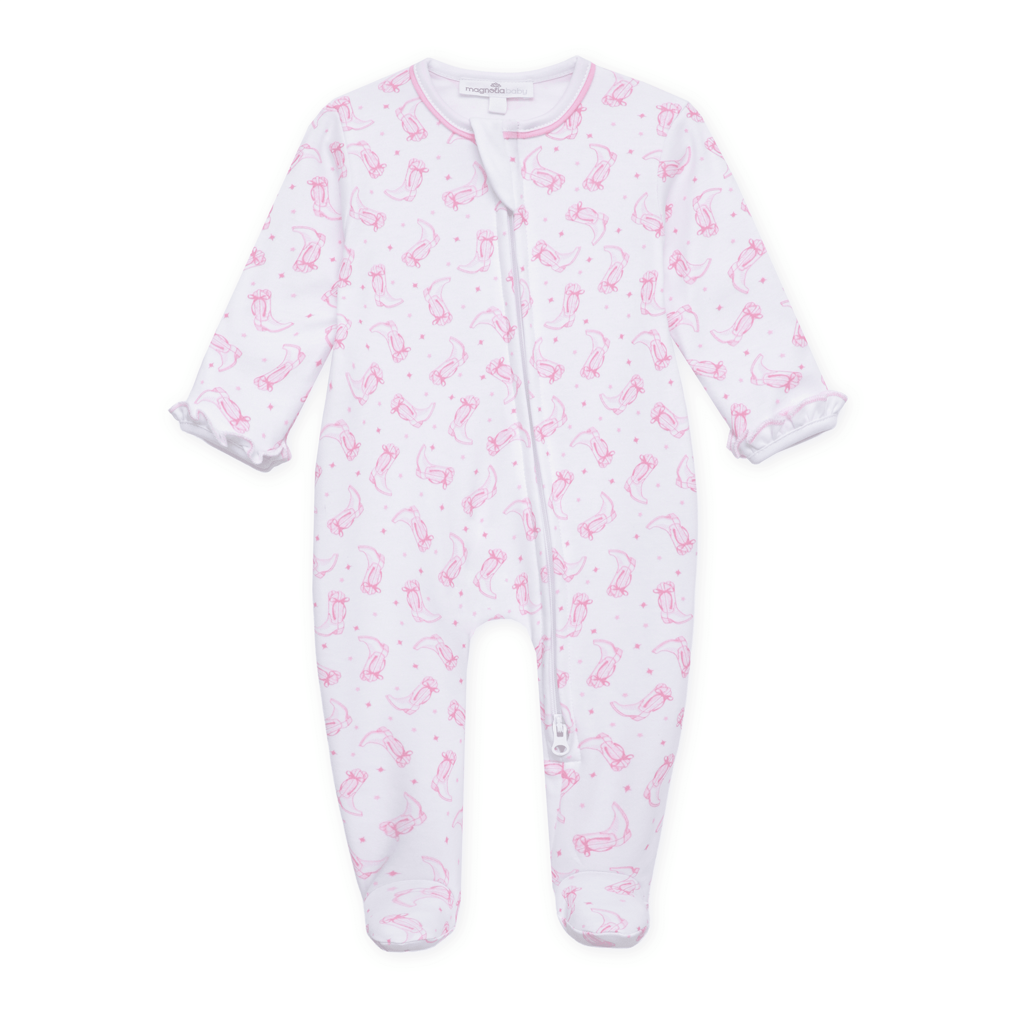 Darling Cowboy Boots Print Ruffle Zip Footie - Pink - Magnolia BabyFootie