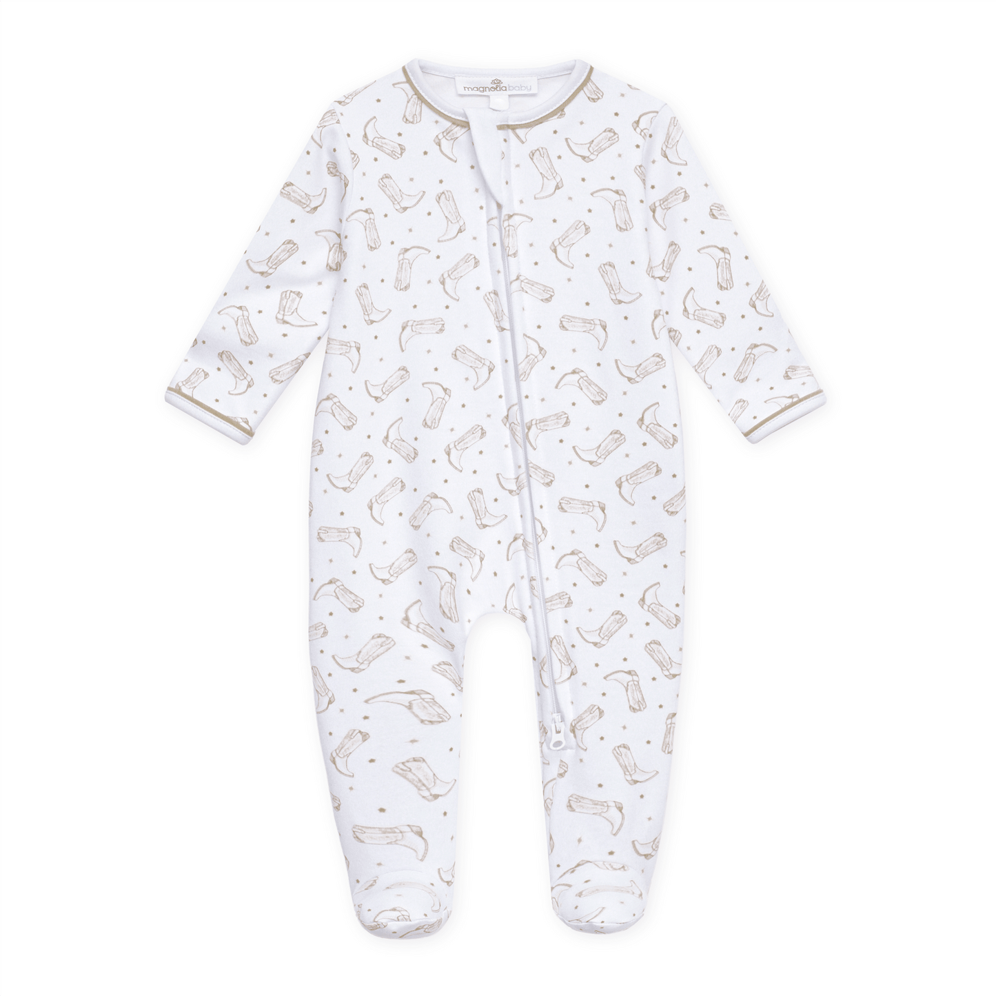 Darling Cowboy Boots Print Zip Footie - Ivory - Magnolia BabyFootie