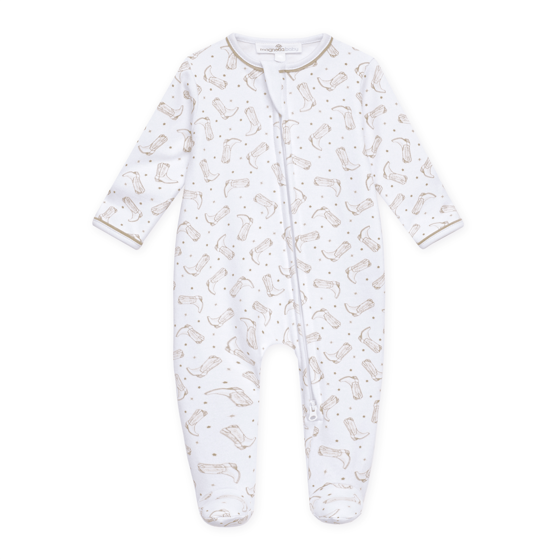 Darling Cowboy Boots Print Zip Footie - Ivory - Magnolia BabyFootie