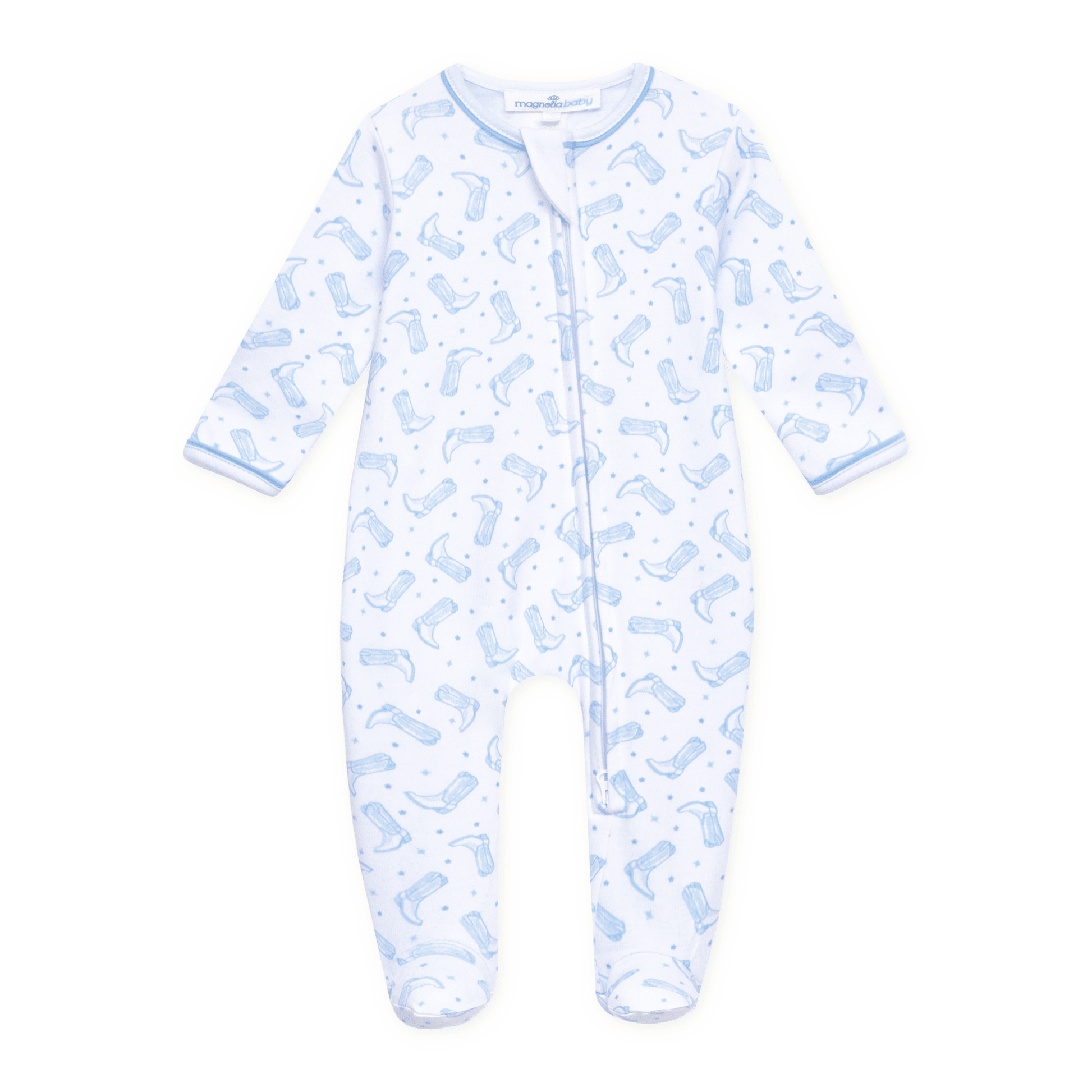 Darling Cowboy Boots Print Zip Footie - Light Blue - Magnolia BabyFootie