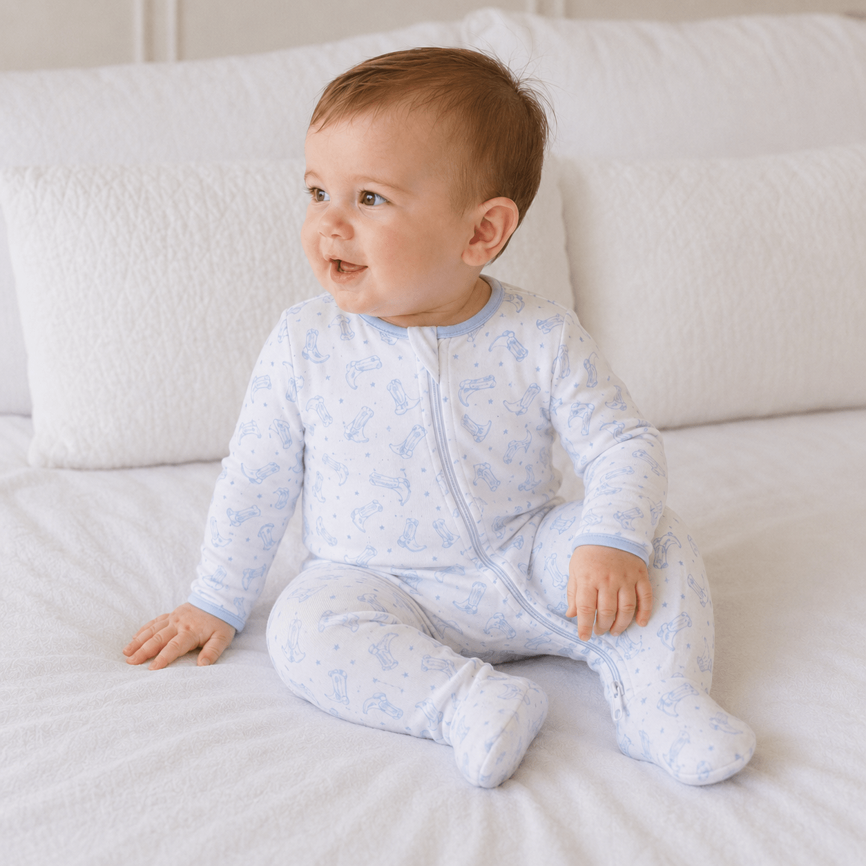 Darling Cowboy Boots Print Zip Footie - Light Blue - Magnolia BabyFootie