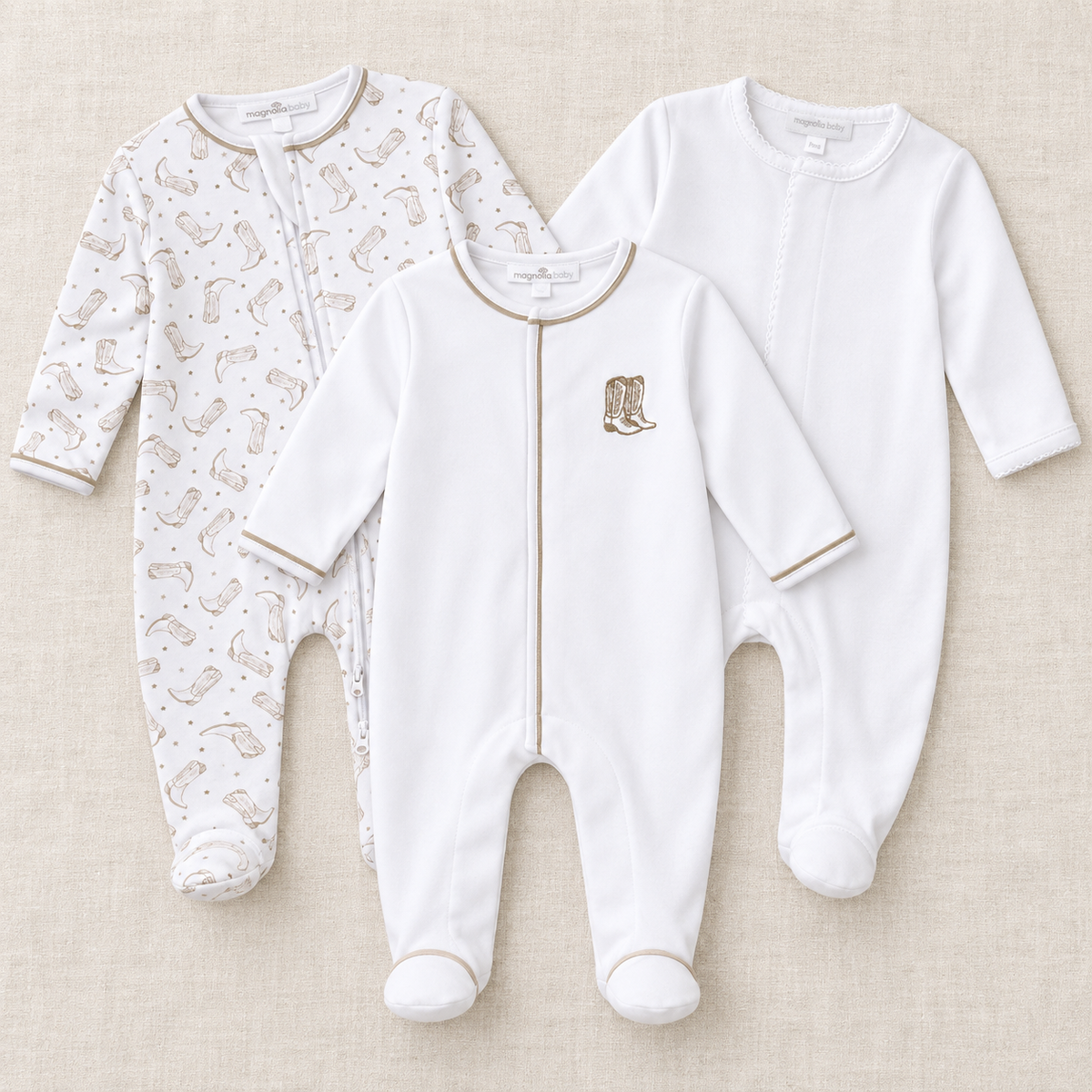Unisex Baby Footie Set - Darling Cowboy Boots Ivory + Essential - Set of 3