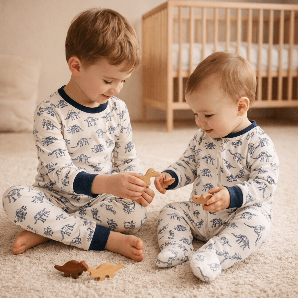 Dino Digs Brothers Set - Long Pajamas + Zip Footie - Magnolia BabyGift Set