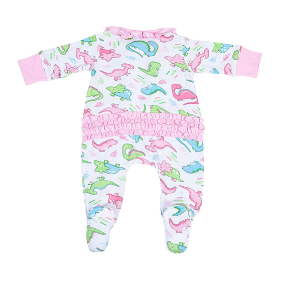 Dino Dreams Print Ruffle Zip Footie - Pink - Magnolia BabyFootie