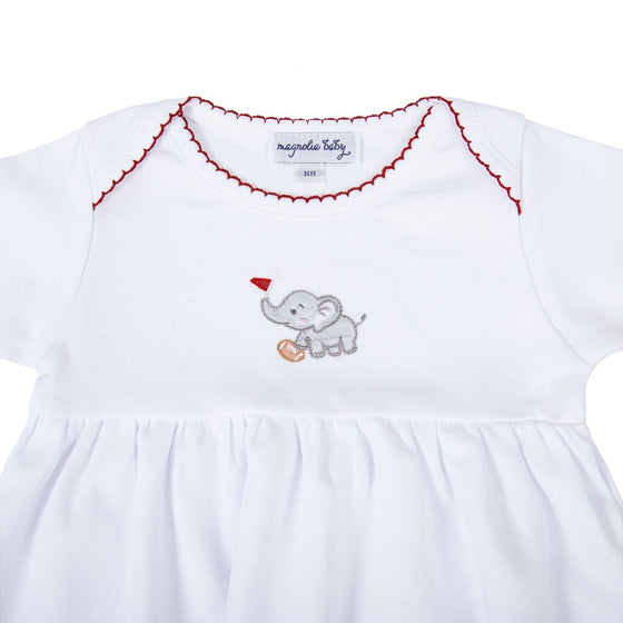 Elephant Football Classics Embroidered Gathered Gown - Magnolia BabyGown