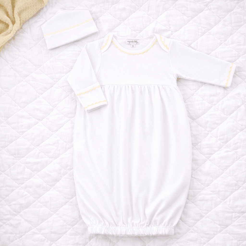 Essentials Baby Joy Gown and Hat Set - Yellow Trim - Magnolia BabyGift Set