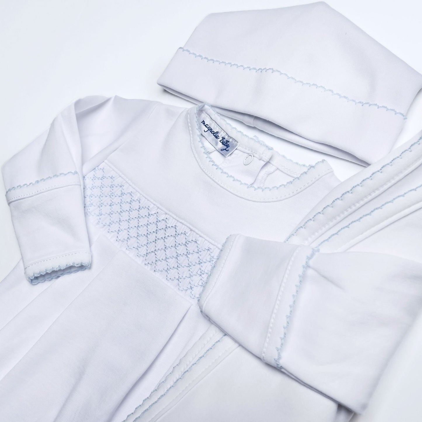 Essentials Blue Trim Smocked Footie - Magnolia BabyFootie