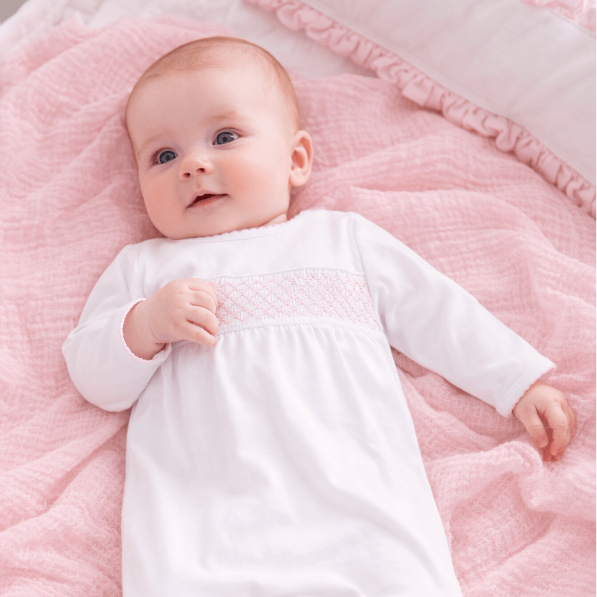 Essentials Smocked Footie with Pink Trim - Magnolia BabyFootie