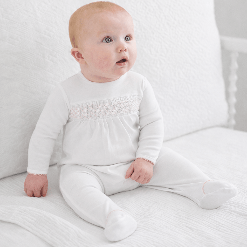 Essentials Smocked Footie with Pink Trim - Magnolia BabyFootie