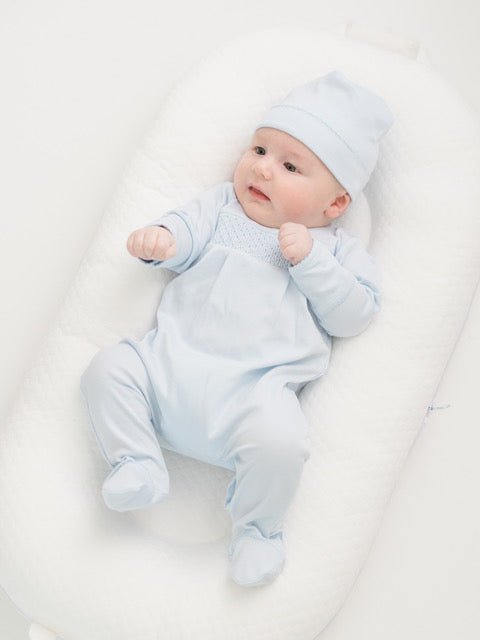 Essentials Solid Blue Smocked Footie - Magnolia BabyFootie