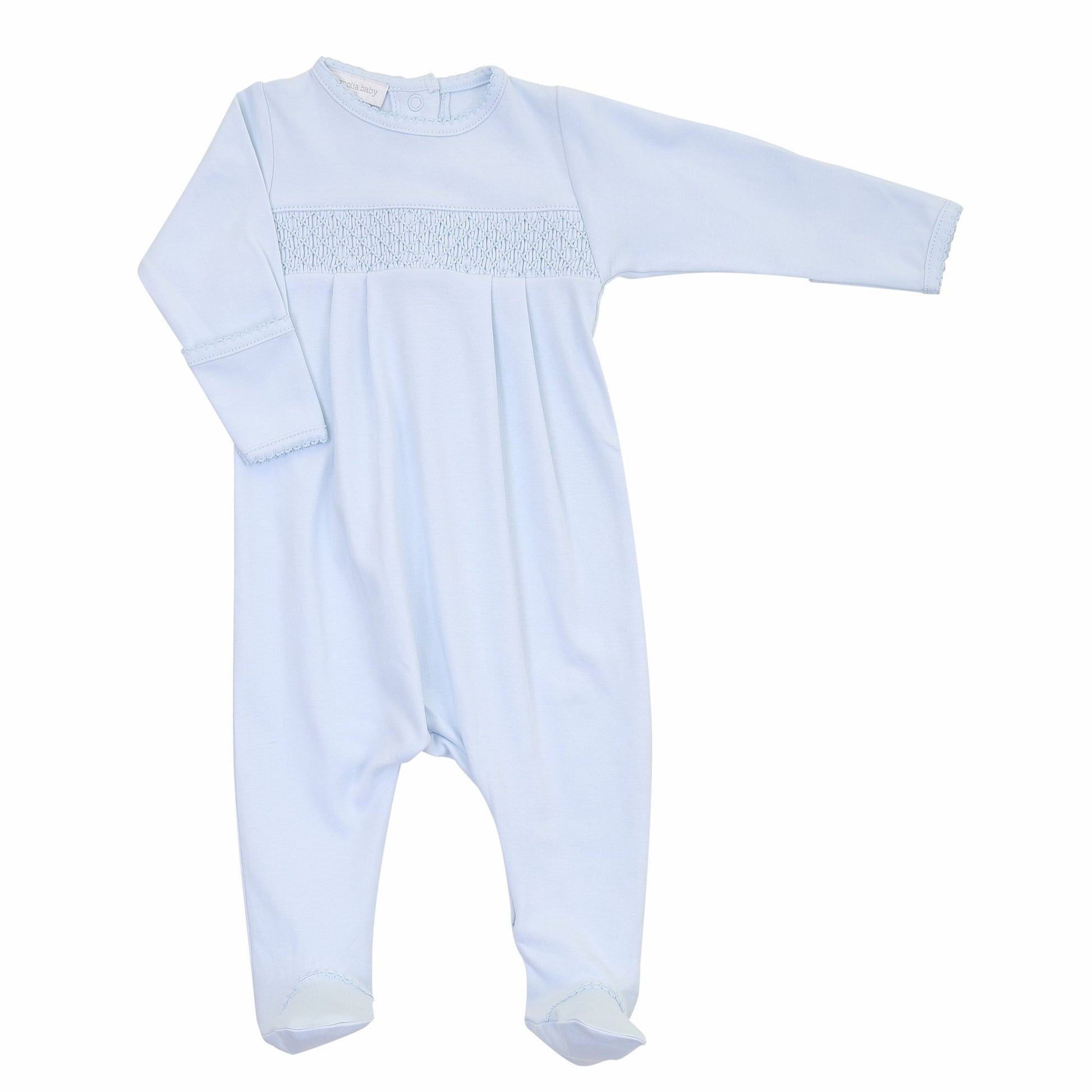 Essentials Solid Blue Smocked Footie - Magnolia BabyFootie