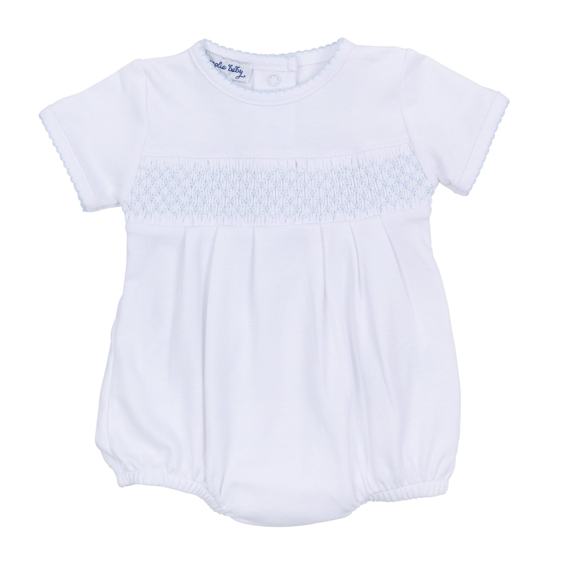 Essentials Solid Smocked Bubble - White Blue - Magnolia BabyBubble