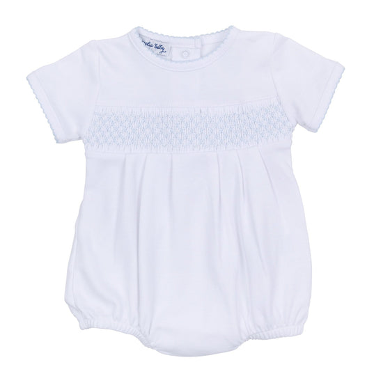 Essentials Solid Smocked Bubble - White Blue - Magnolia BabyBubble