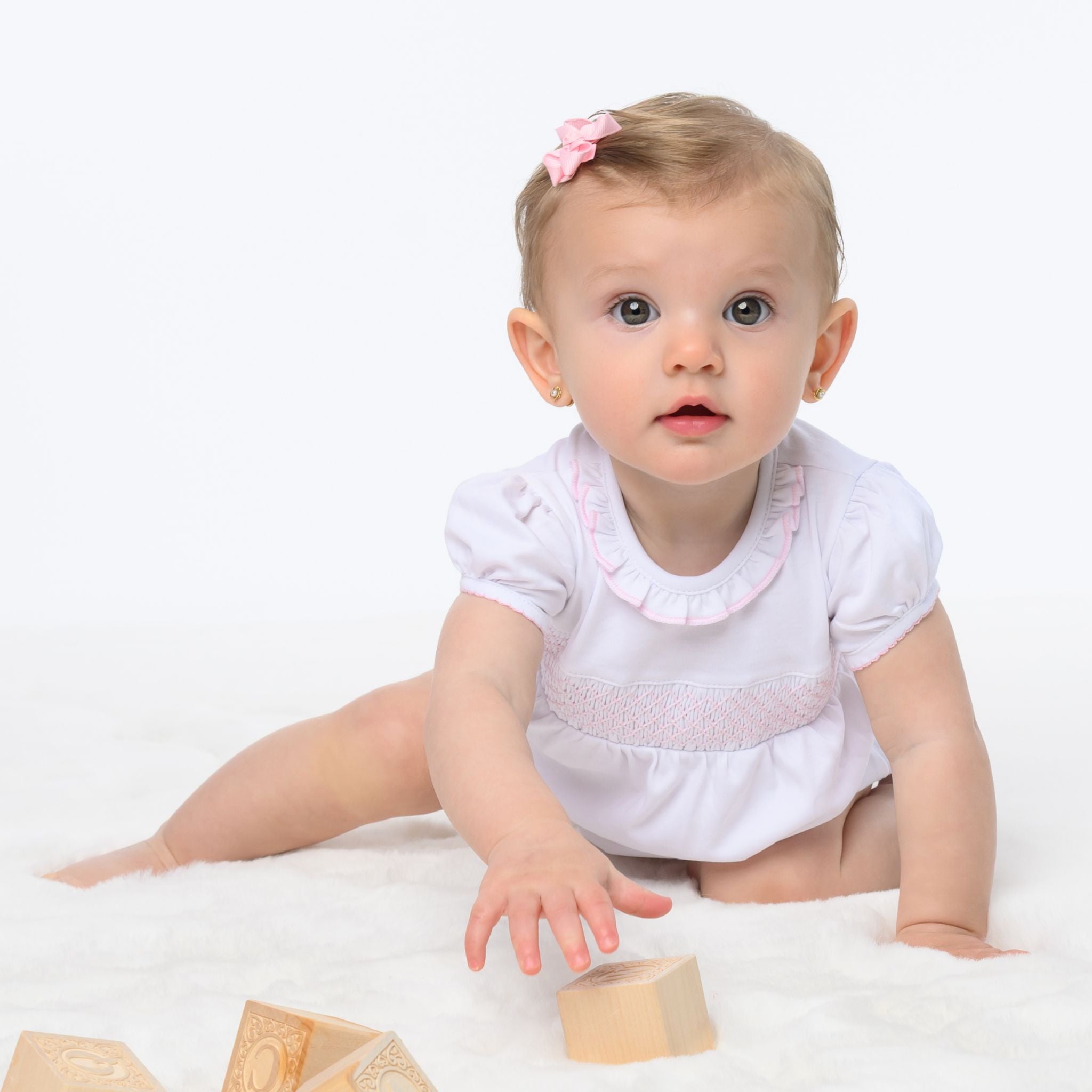 Essentials Solid Smocked Bubble - White Pink - Magnolia BabyBubble