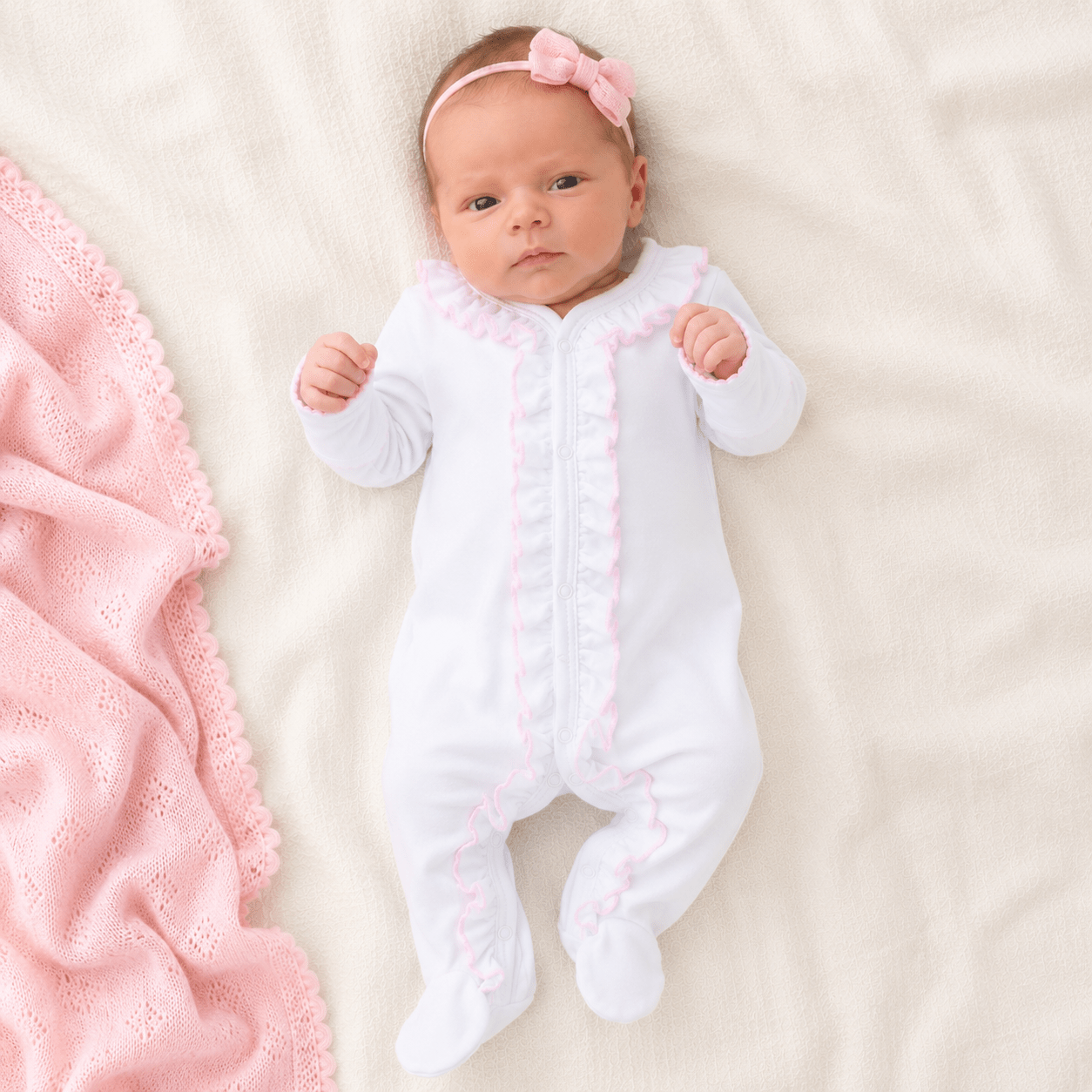 Essentials White Ruffle Footie with Pink Trim - Magnolia BabyFootie