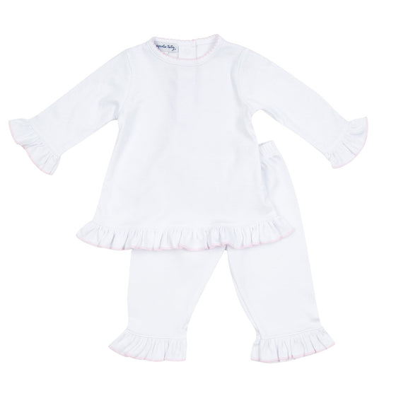 Essentials White Ruffle Pant Set with Pink Picot Trim - Magnolia Baby2pc Pant Set