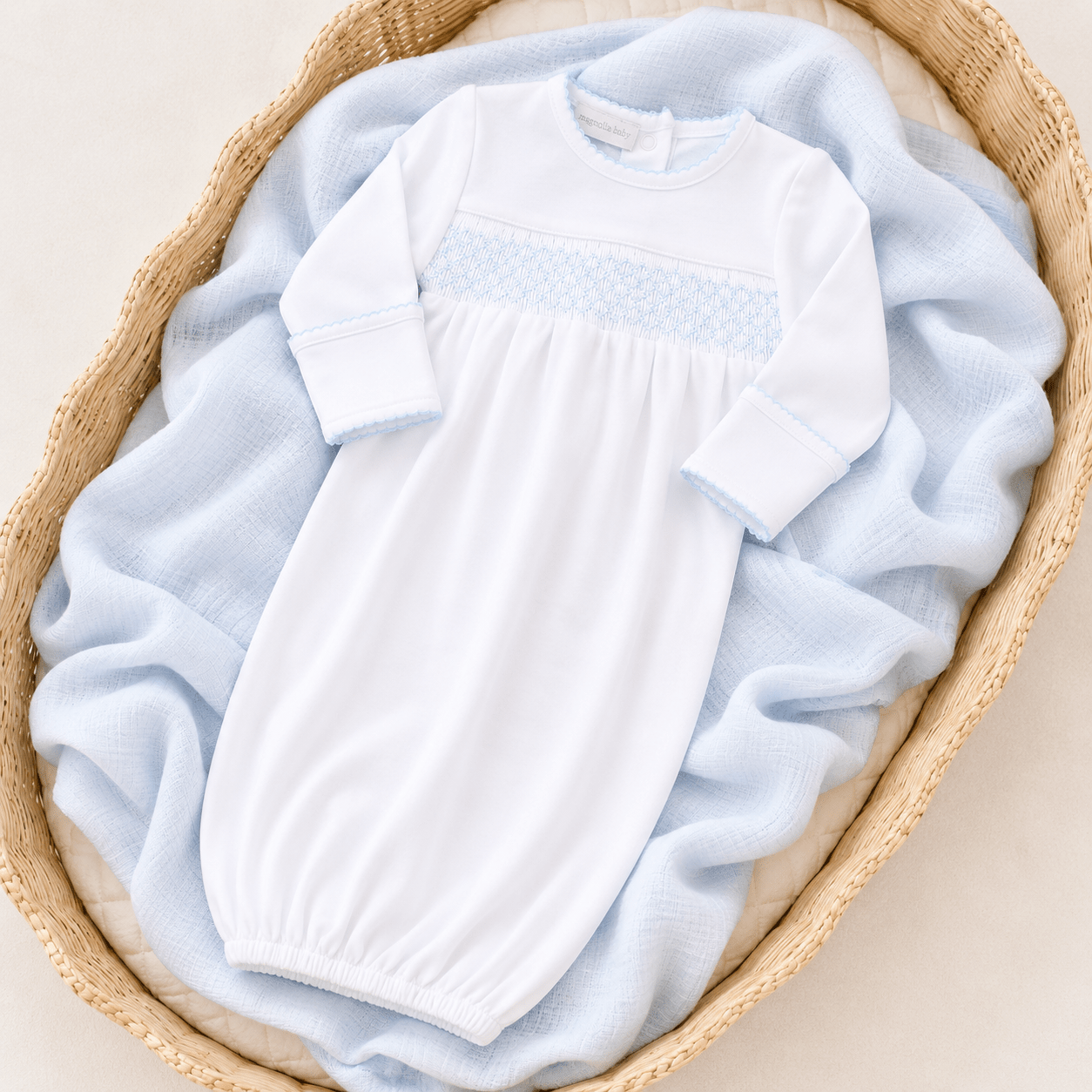 Essentials White Smocked Gown with Blue Trim - Magnolia BabyGown