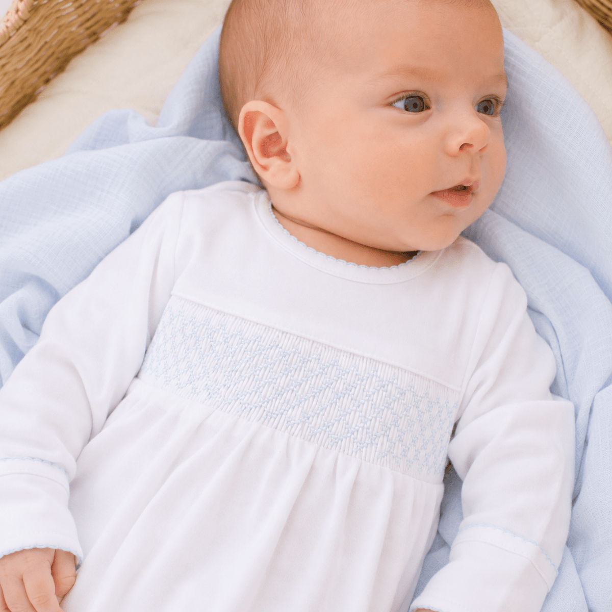 Baby Boy Hand Smocked Baby Gown - White & Blue