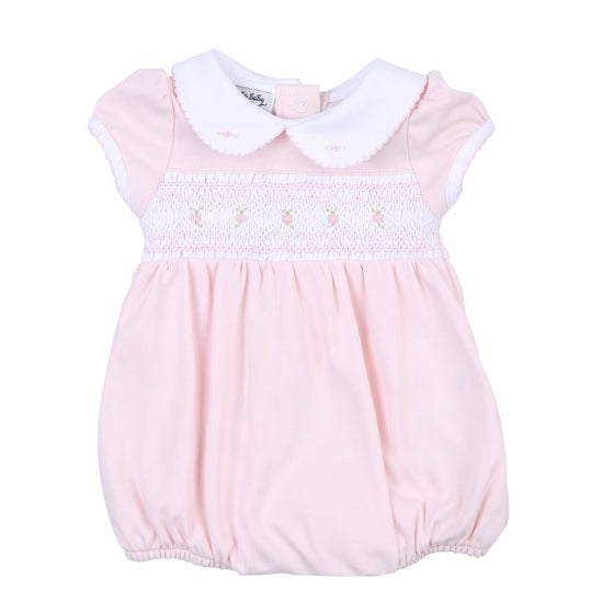 Fiona and Phillip Pink Smocked Collared Short Sleeve Girl Bubble - Magnolia BabyBubble