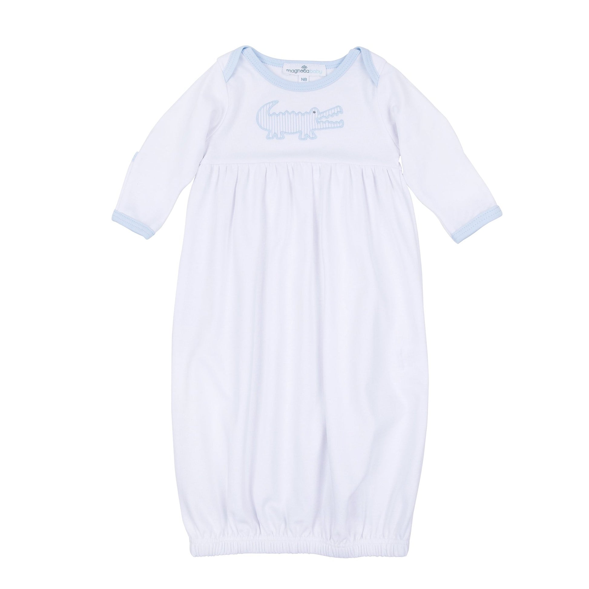 Gator Applique Gathered Gown - Light Blue - Magnolia BabyGown