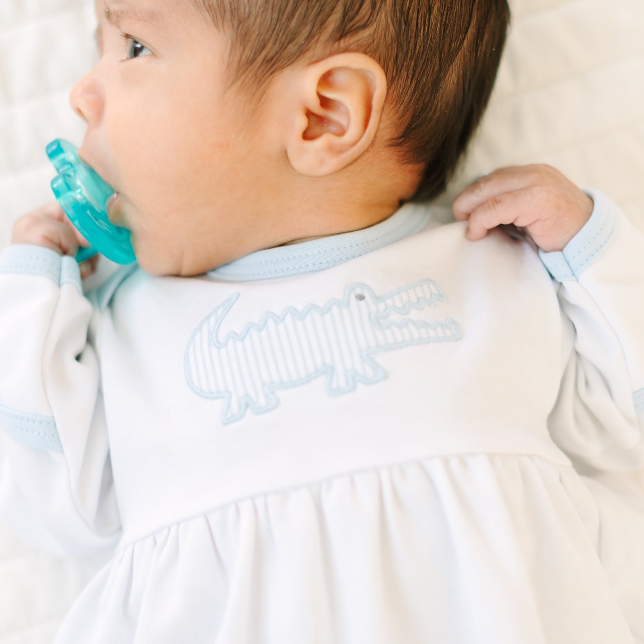 Gator Applique Gathered Gown - Light Blue - Magnolia BabyGown