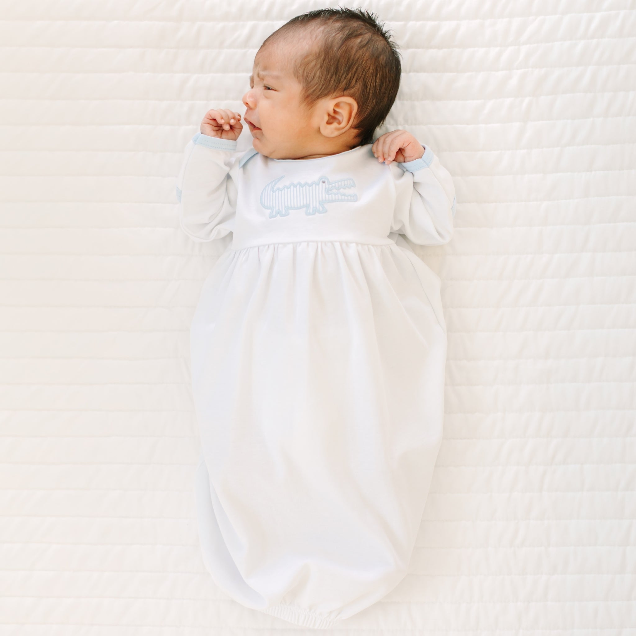 Gator Applique Gathered Gown - Light Blue - Magnolia BabyGown