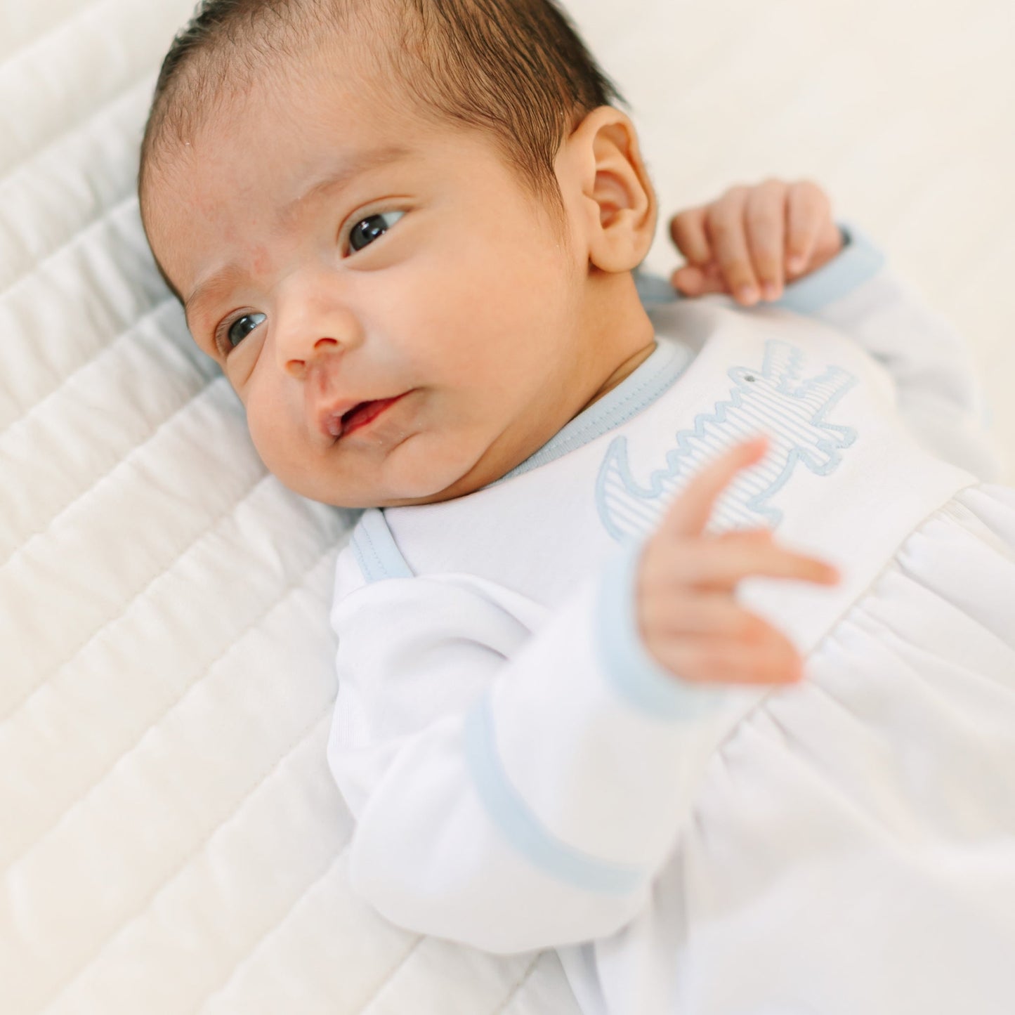 Gator Applique Gathered Gown - Light Blue - Magnolia BabyGown