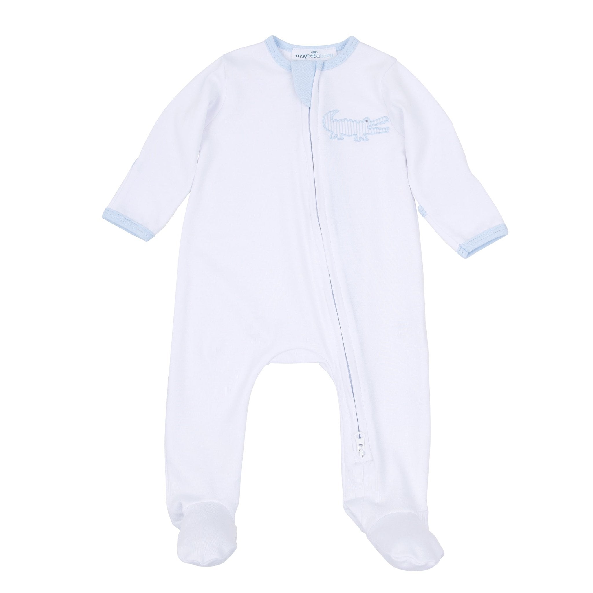 Gator Applique Zip Footie - Light Blue - Magnolia BabyFootie