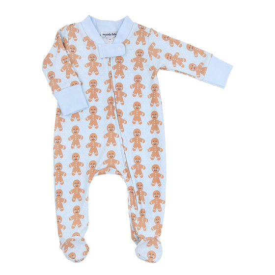 Gingerbread Kisses Blue Printed Zipper Footie - Magnolia BabyFootie