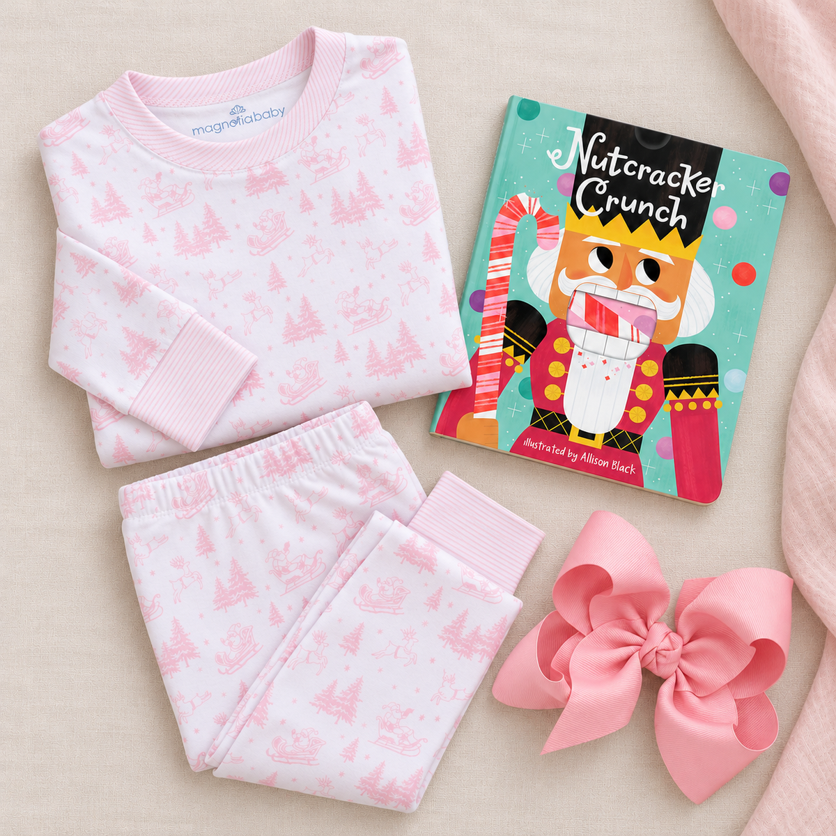 Girl Christmas Pajamas Gift Set - Pink Holiday Toile
