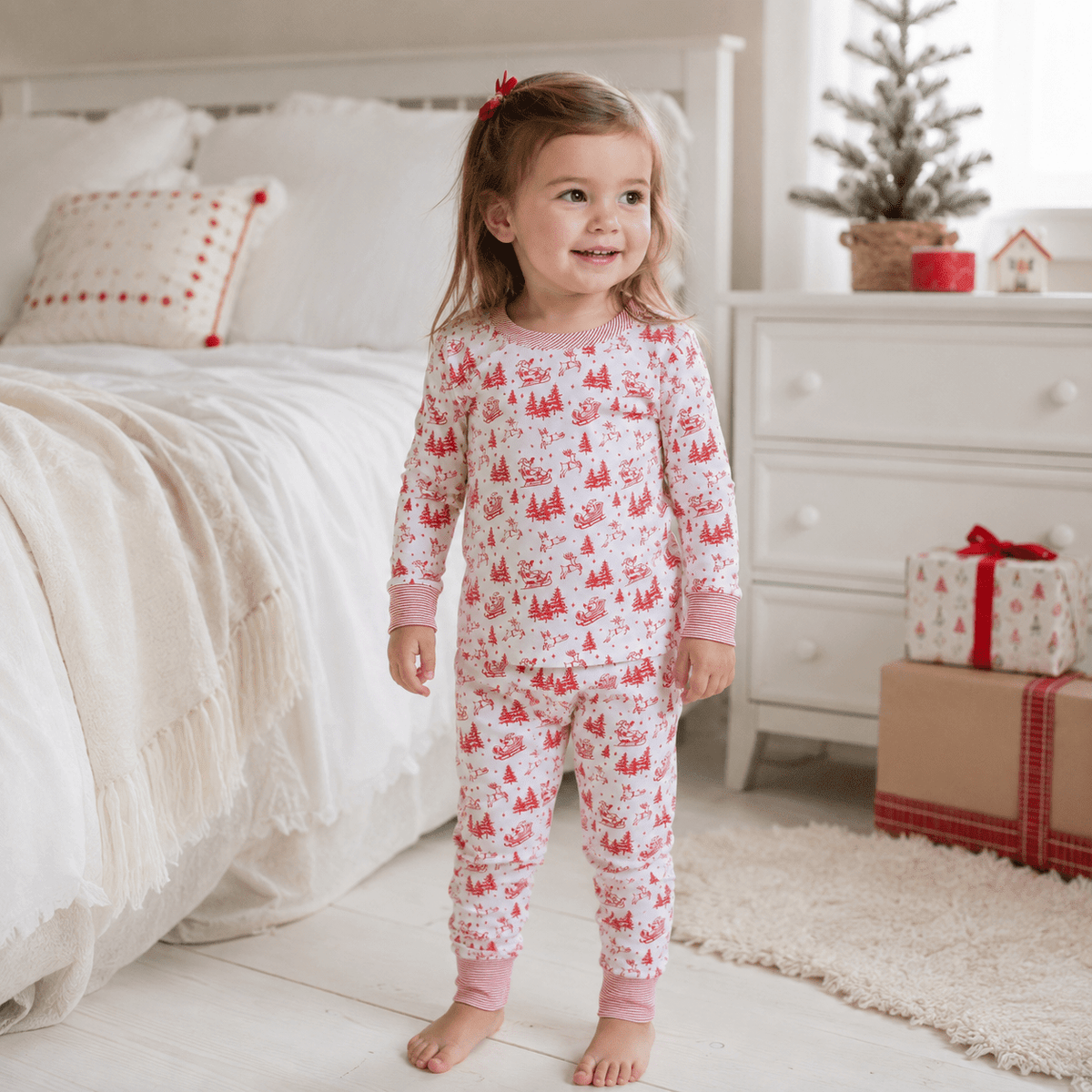 Magnolia Baby_Girl Christmas Pajamas Gift Set - Red Holiday Toile_2