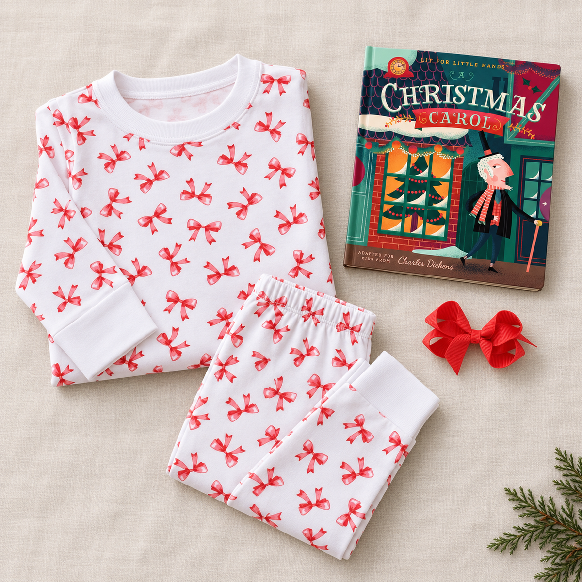 Girl Christmas Pajamas Gift Set - Scarlett Bows flatlay