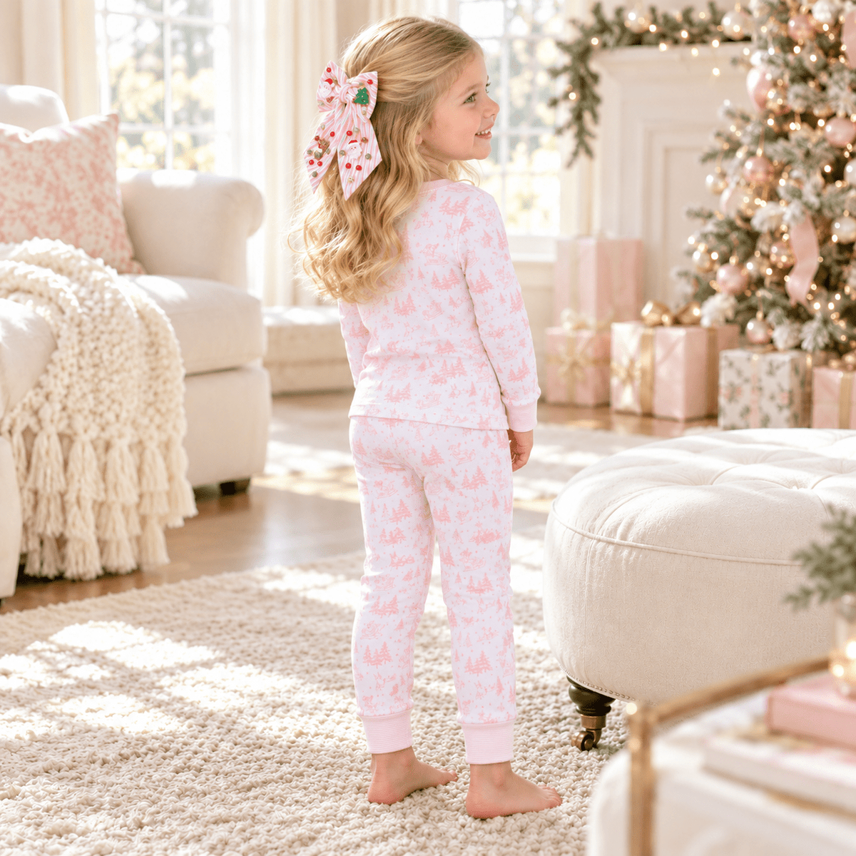 Magnolia Baby_Girl Christmas Pajamas + Poppyland Hair Bow - Holiday Toile_1