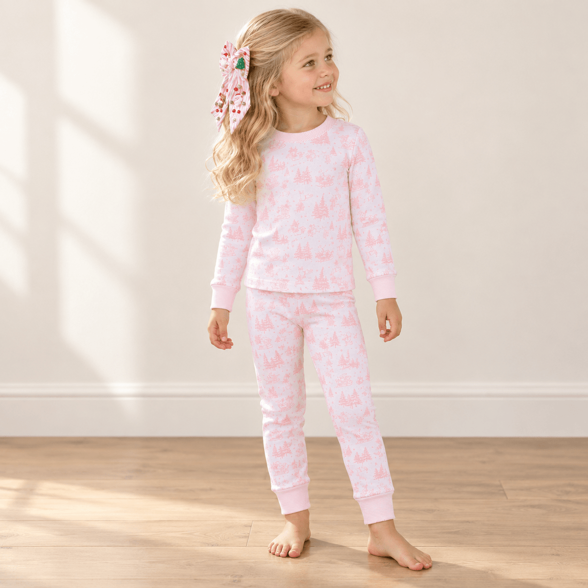 Magnolia Baby_Girl Christmas Pajamas + Poppyland Hair Bow - Holiday Toile_1