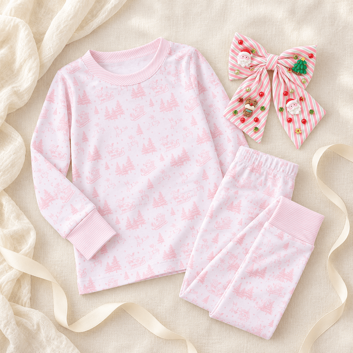 Magnolia Baby_Girl Christmas Pajamas + Poppyland Hair Bow - Holiday Toile_2