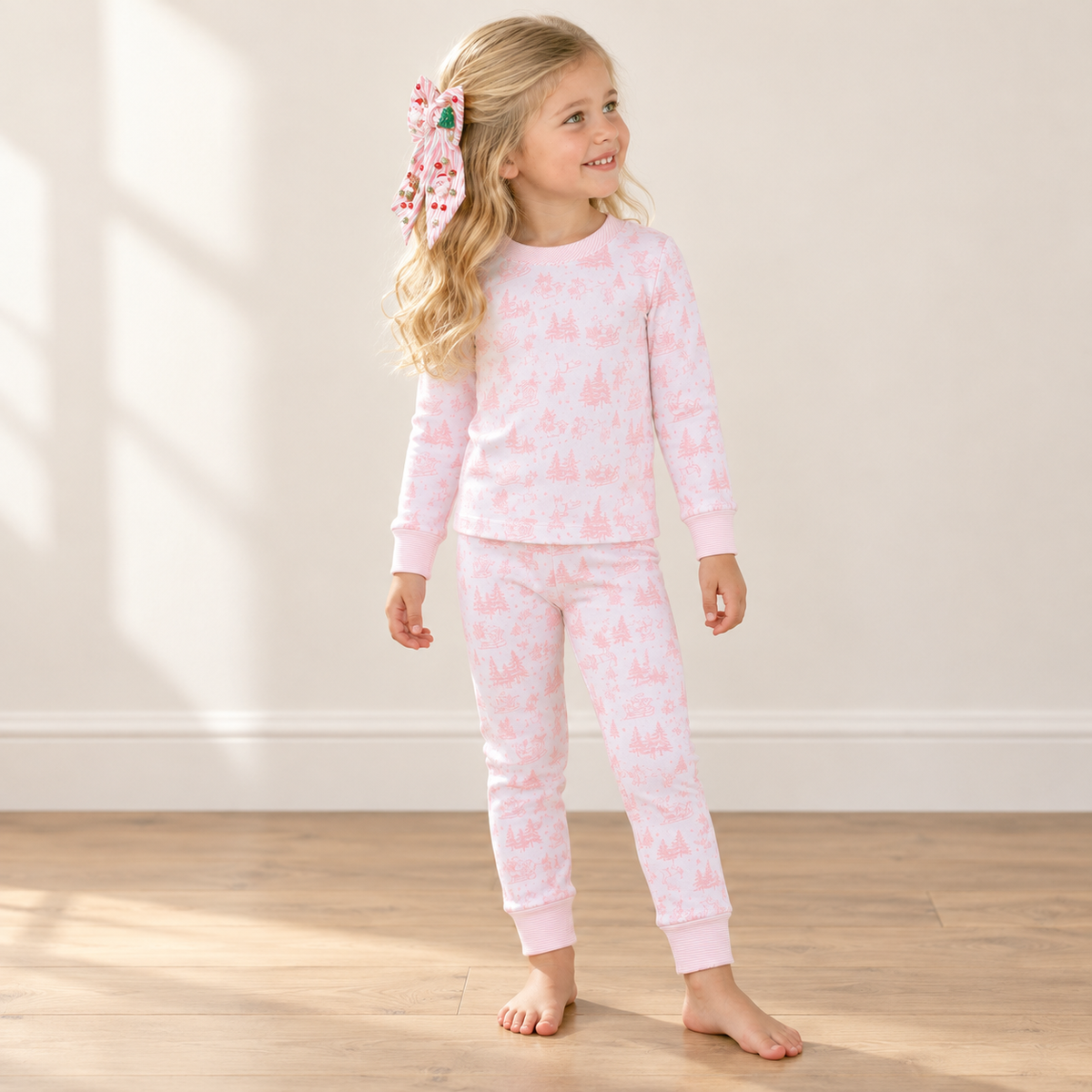 Girl Christmas Pajamas + Poppyland Hair Bow - Holiday Toile