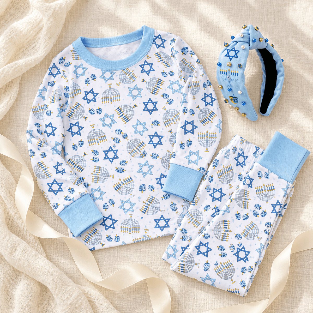 Magnolia Baby_Girl Hanukkah Pajamas + Poppyland Headband Gift Set - Dreidel Dreams_2