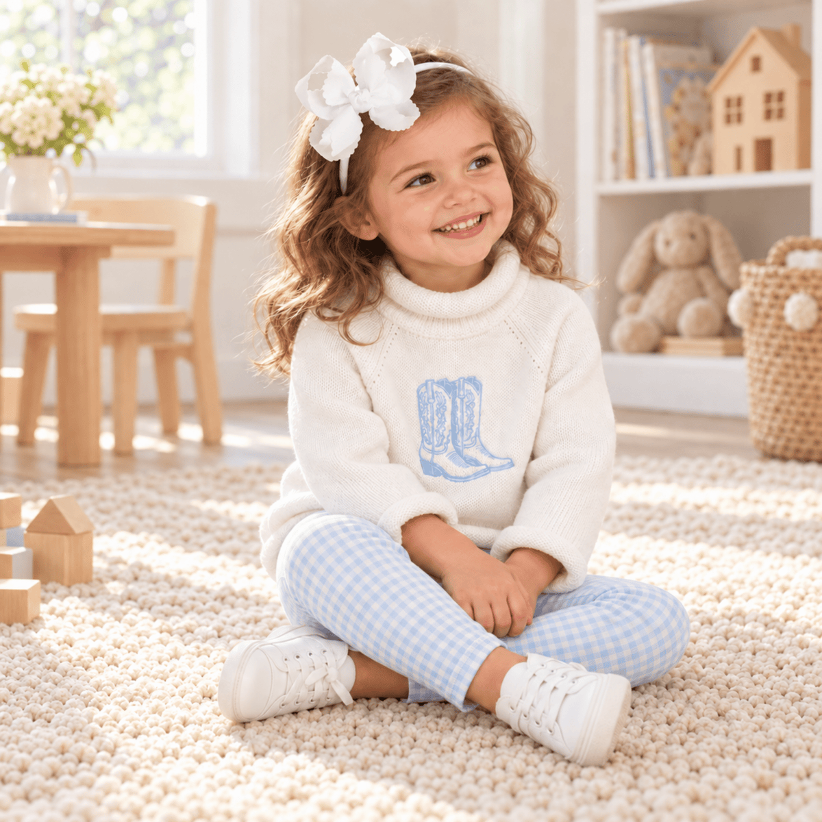 Magnolia Baby_Girl Playwear Set - Blue Darling Cowboy Boots + Gingham Check Leggings_2