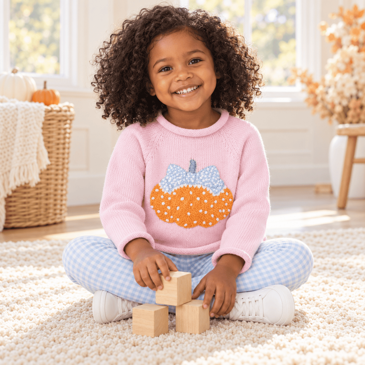 Magnolia Baby_Girl Playwear Set - Bowtique Pumpkin Sweater + Blue Gingham Leggings_1
