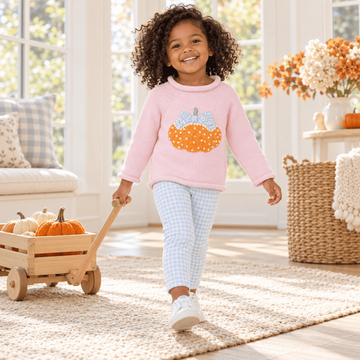 Magnolia Baby_Girl Playwear Set - Bowtique Pumpkin Sweater + Blue Gingham Leggings_2