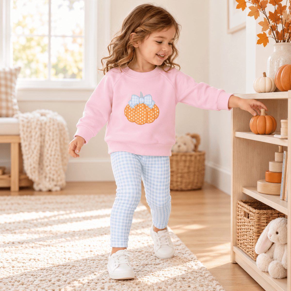 Magnolia Baby_Girl Playwear Set - Bowtique Pumpkin Sweatshirt + Blue Gingham Leggings_1