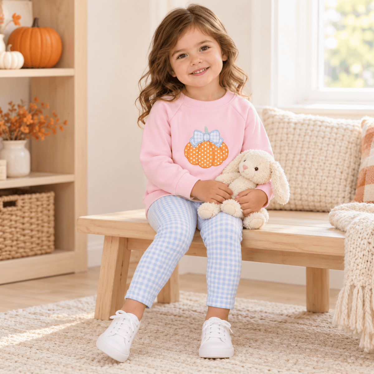 Magnolia Baby_Girl Playwear Set - Bowtique Pumpkin Sweatshirt + Blue Gingham Leggings_2