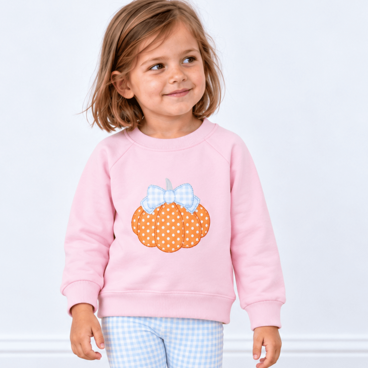 Magnolia Baby_Girl Playwear Set - Bowtique Pumpkin Sweatshirt + Blue Gingham Leggings_2