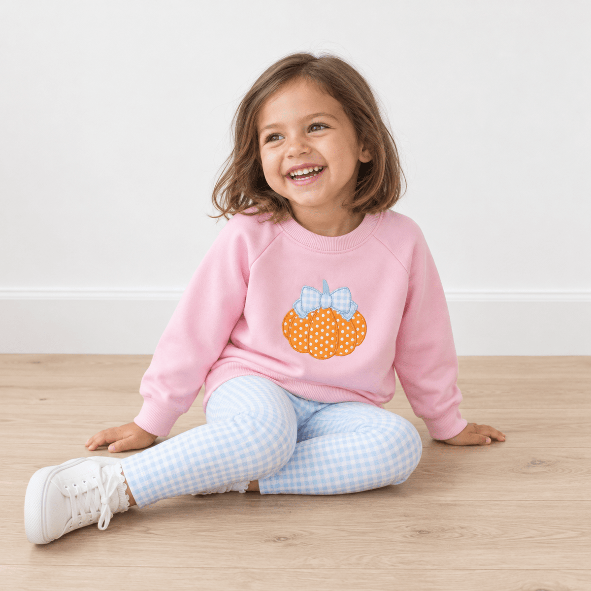 Magnolia Baby_Girl Playwear Set - Bowtique Pumpkin Sweatshirt + Blue Gingham Leggings_1